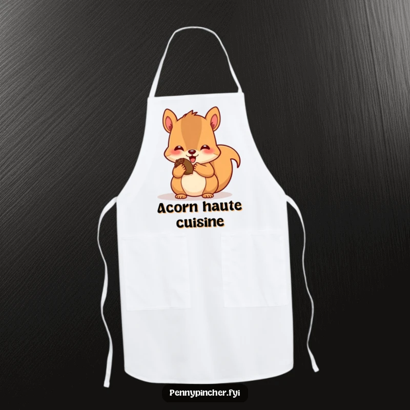 Funny apron featuring a pleased squirrel character stuffing its cheeks with acorns, ready to cook up a storm in the kitchen with joy.