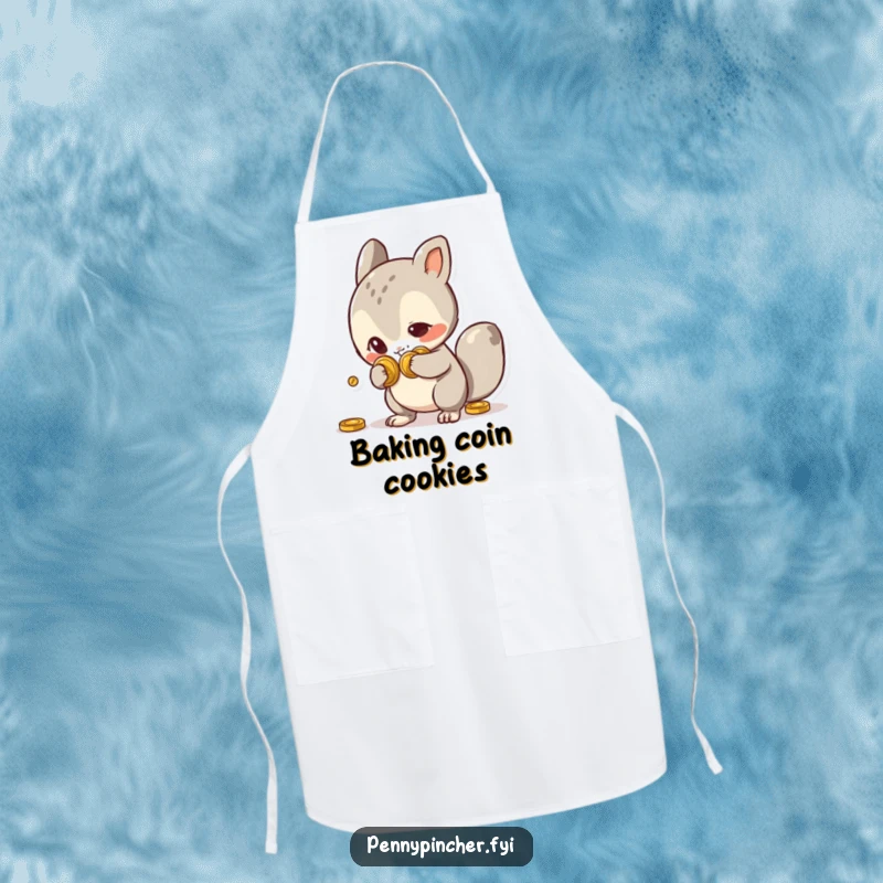 Funny Apron showing a mischievous animal character with a sly grin, hiding coins behind its back while cooking, ideal for kitchen humor.