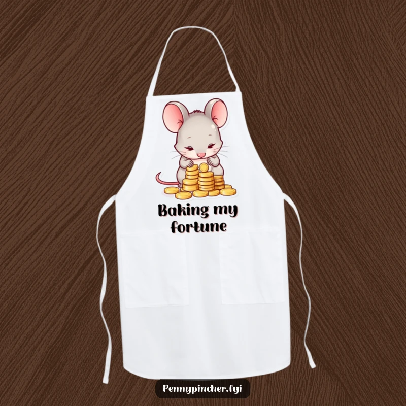 Funny apron with a shy mouse character carefully counting a small pile of coins, ideal for kitchen use with humorous and practical appeal.
