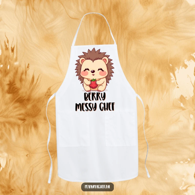 Funny hedgehog apron, a blushing character balancing one berry on its snout, cute and humorous kitchen wear.