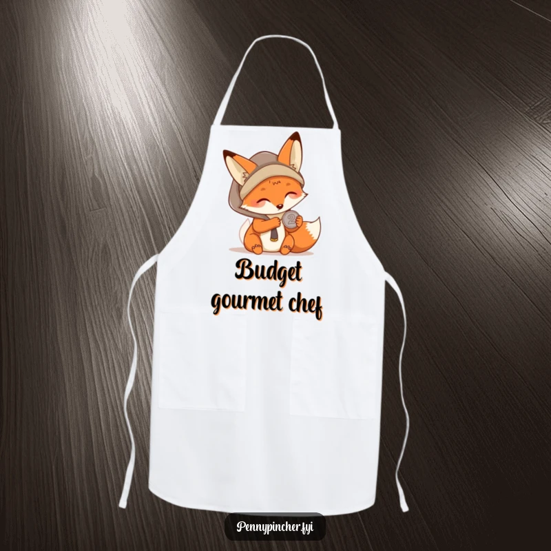 Funny Kawaii fox apron showing a character carefully examining a single coin, ideal for kitchen protection with a humorous, smart touch.