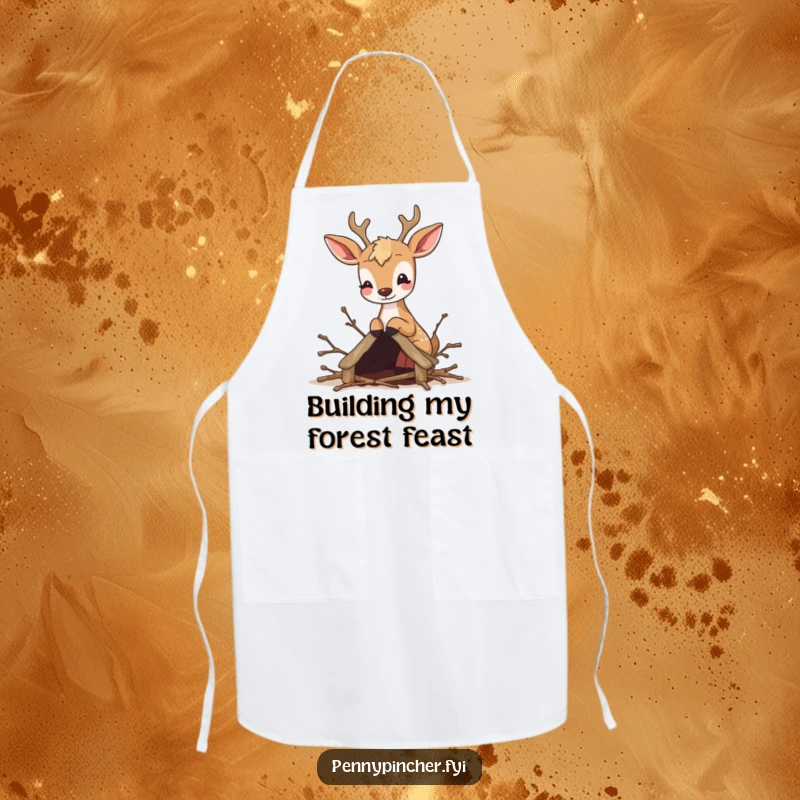 Funny apron depicting a bouncy deer diligently crafting a miniature shelter from twigs while cooking delicious food.