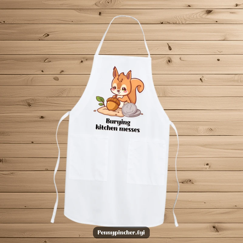 Funny apron featuring a hopeful squirrel character burying an acorn next to a large coin, perfect for kitchen use with a humorous and forward-thinking theme.
