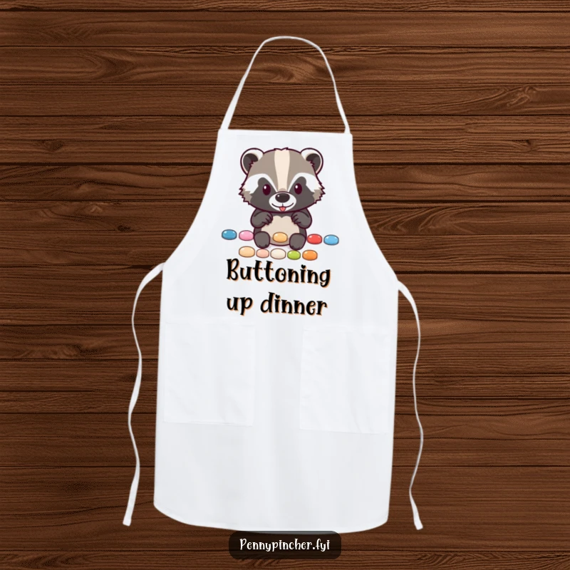 Funny apron showing a diligent badger character neatly arranging a row of shinybuttons, keeping you clean and amused.