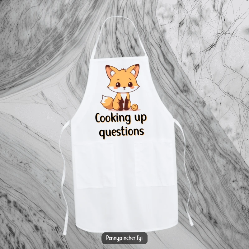 Funny Apron showcasing a fox character looking quizzically at a coin, adding humor to kitchen tasks.