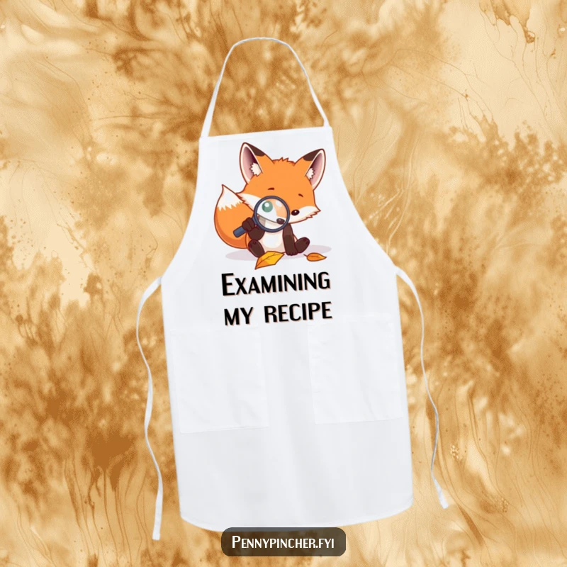 Funny apron showing a focused fox examining a fallen leaf with a magnifying glass, perfect for a curious cook.