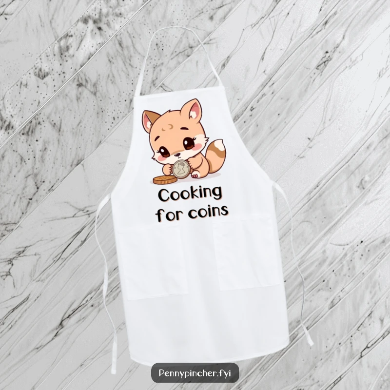 Funny curious animal character inspecting a coin closely on a chef's apron, perfect for focused kitchen fun.