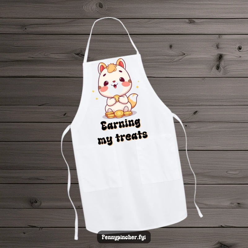 Funny chef apron depicting a cute animal character gleefully counting coins, designed for kitchen fun and financial humor, a funny gift.