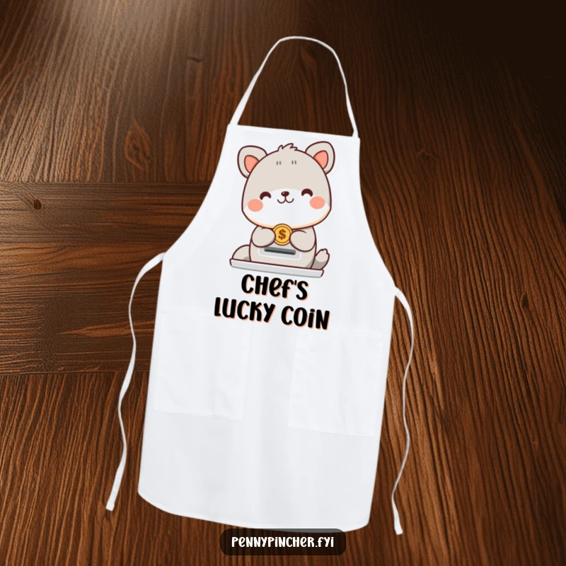 Funny animal character apron featuring a cheerful creature happily placing a coin into a slot, designed for humorous kitchen wear.