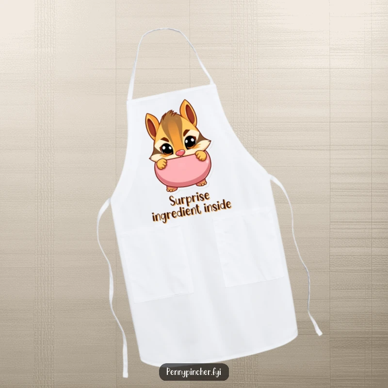Funny apron featuring a cautious chipmunk character peeking into a piggy bank with wide eyes, perfect for kitchen use with a humorous and watchful theme.
