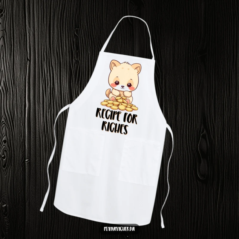 Funny apron, animal character meticulously counting shiny coins while cooking, combining kitchen practicality with humorous financial themes.
