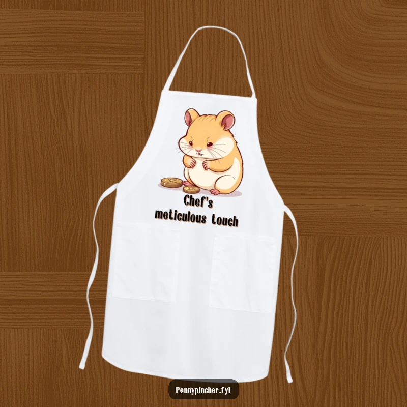Funny hamster character polishing a shiny penny while cooking, a humorous and practical apron.