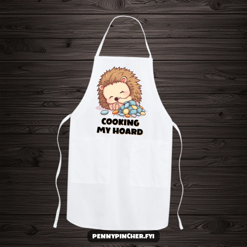 Funny apron showing a contented hedgehog curled up with shiny objects, keeping you clean and bringing cozy vibes.