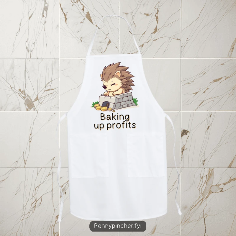 Funny determined hedgehog building a small coin fortress, a humorous apron for aspiring chefs.
