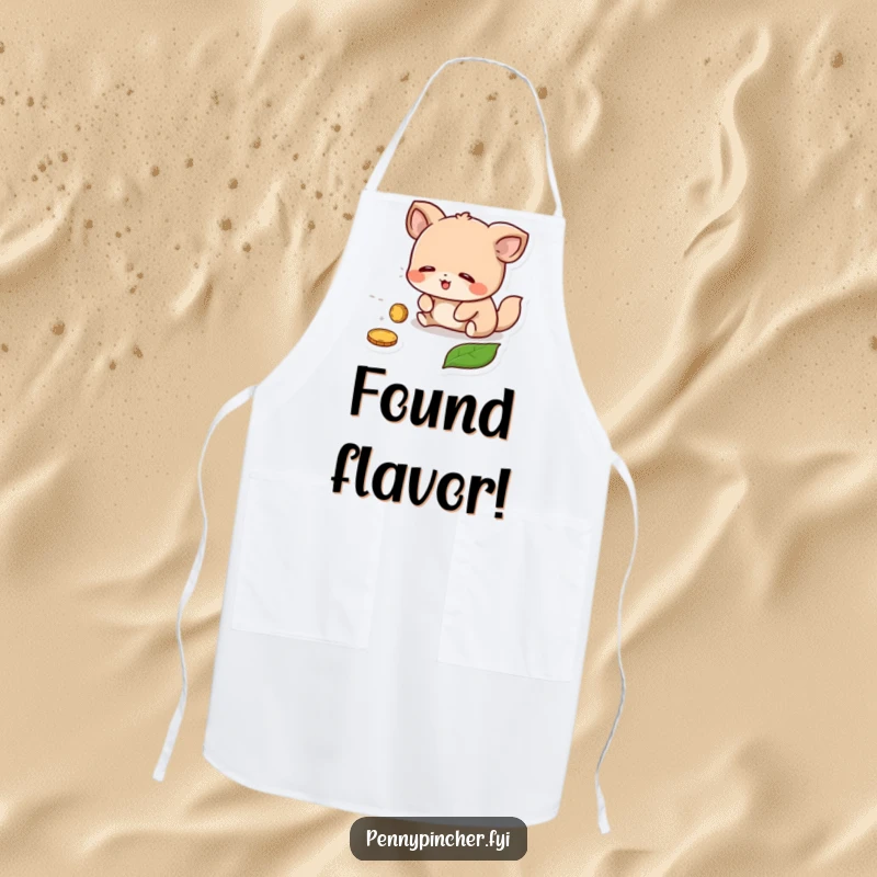 Funny Apron: A cheerful animal character in an apron, excited about finding a lost coin under a leaf.