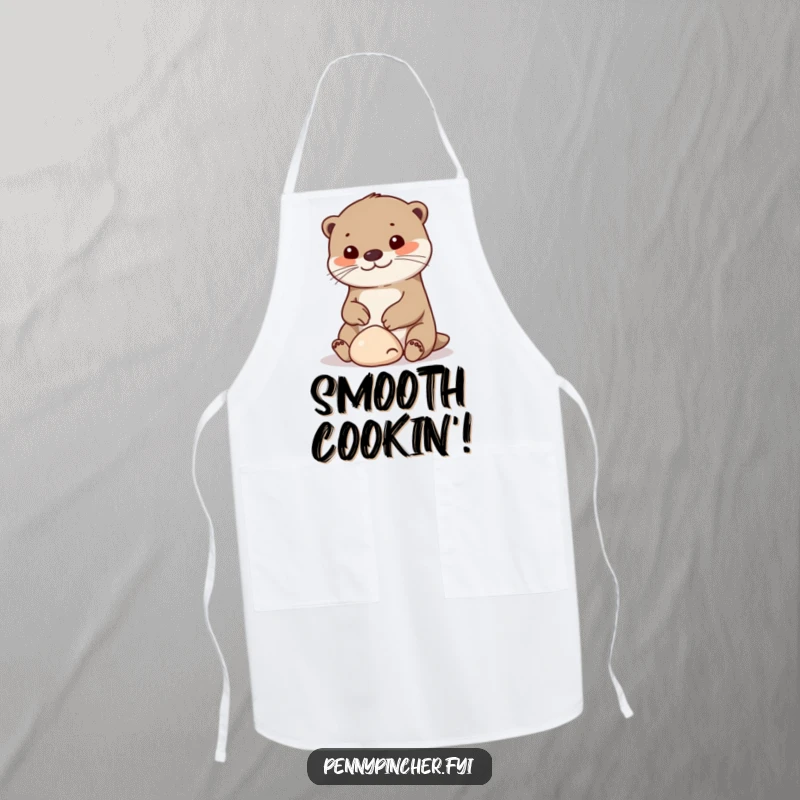 Funny otter apron, a cheerful character playing with a small smooth pebble, humorous kitchen wear for joyful cooks.
