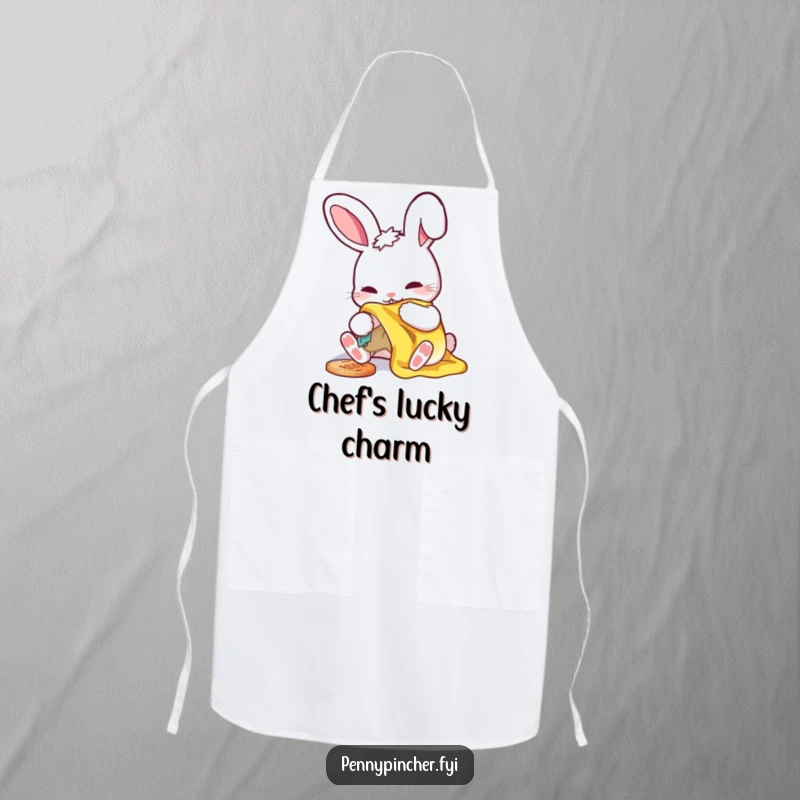 Funny kitchen apron depicting a rabbit meticulously polishing a shiny penny, perfect for a humorous cook.