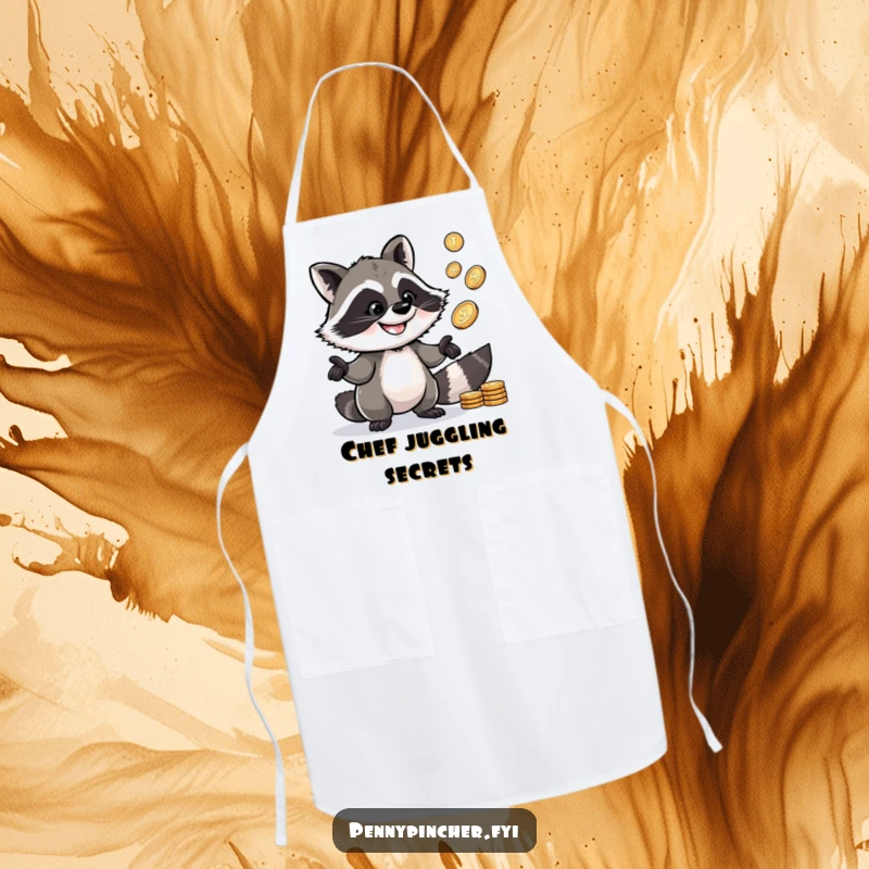 Funny Raccoon Apron: A clever raccoon character juggling shiny pennies, ideal for a playful kitchen.