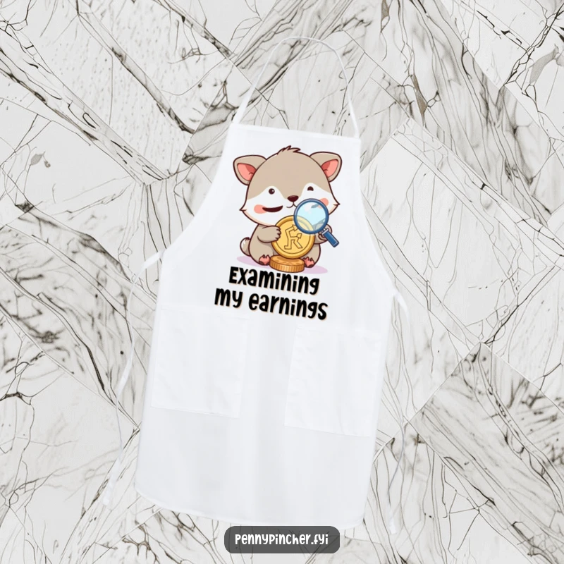 Funny apron, animal character squinting with a magnifying glass over a coin while cooking, combining kitchen practicality with humorous investigation themes.