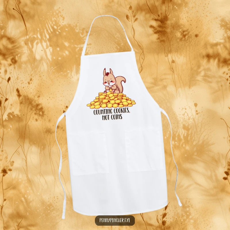 Funny apron design of a squirrel character meticulously counting shiny coins, perfect for kitchen fun and protecting clothes with humor.