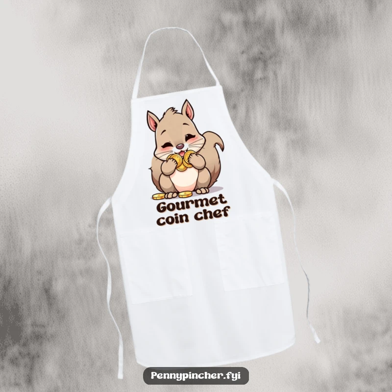 Funny Squirrel Apron: A squirrel character stuffing its cheeks full of shiny coins, ready for kitchen adventures.