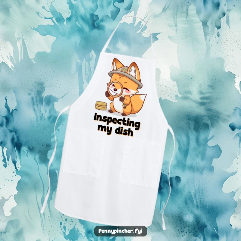 Funny apron showing a resourceful fox using a coin as a magnifying glass, perfect for a humorously investigative kitchen.