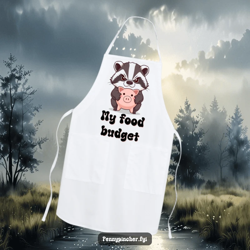 Funny apron showing a grumpy badger character with crossed arms, guarding a tiny piggy bank, in a kitchen.