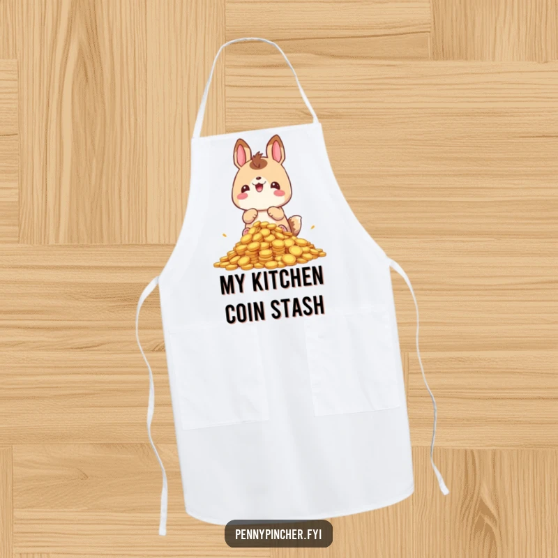 Funny hoarding animal apron, proudly guarding its coin stash while cooking, a humorous kitchen accessory for collectors.