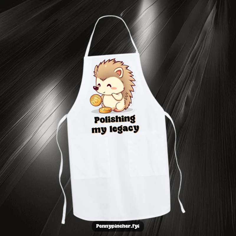 Funny hedgehog apron showing a proud hedgehog character meticulously polishing a shiny coin, ideal for kitchen adventures with humor.