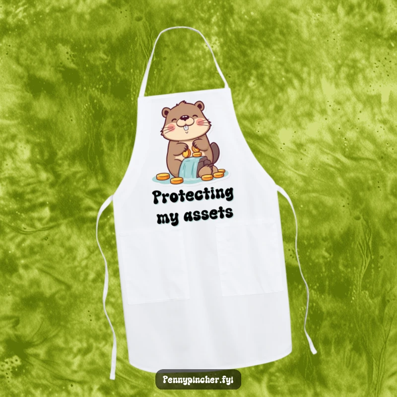 Funny apron designed with a proud beaver character expertly building a dam using shiny coins, ideal for humorous culinary endeavors.