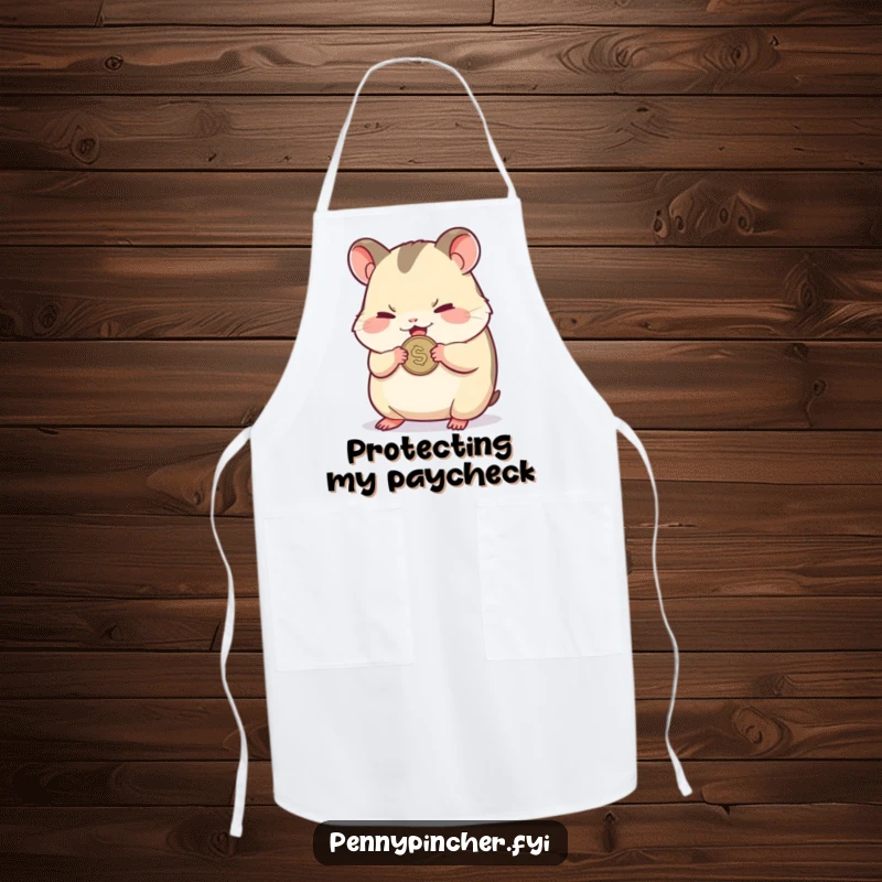 Funny apron showing a small hamster character nervously clutching a single shiny coin, in a kitchen setting.