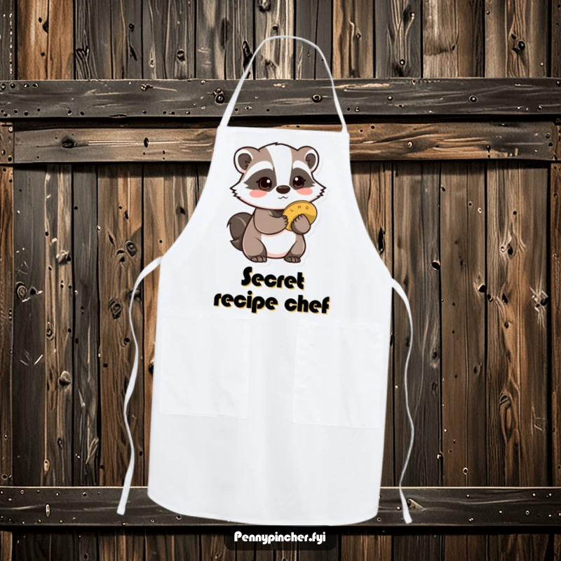 Funny Badger Apron: A cautious badger character hiding a coin behind its back, ideal for a secretive kitchen.