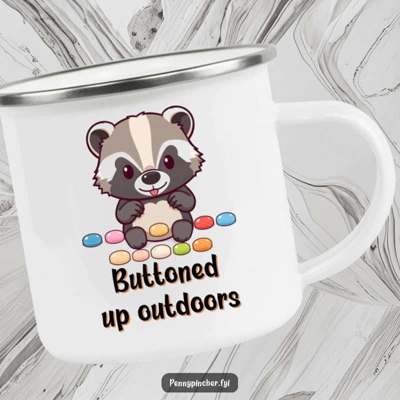 Funny camping mug with a diligent badger character neatly arranging shiny buttons, perfect for your next adventure.