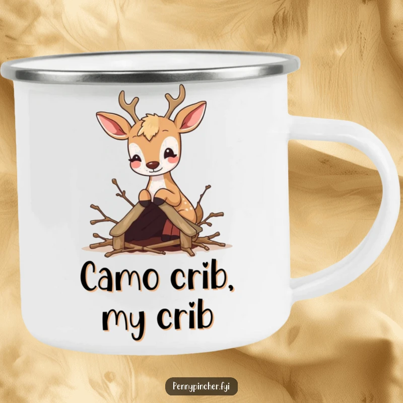 Funny camping mug with a bouncy deer creating a miniature shelter from twigs, designed for outdoor use.