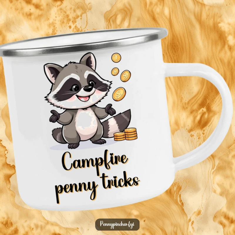 Funny Raccoon Camping Mug: Shows a clever raccoon character juggling pennies with a grin, great for outdoor fun.