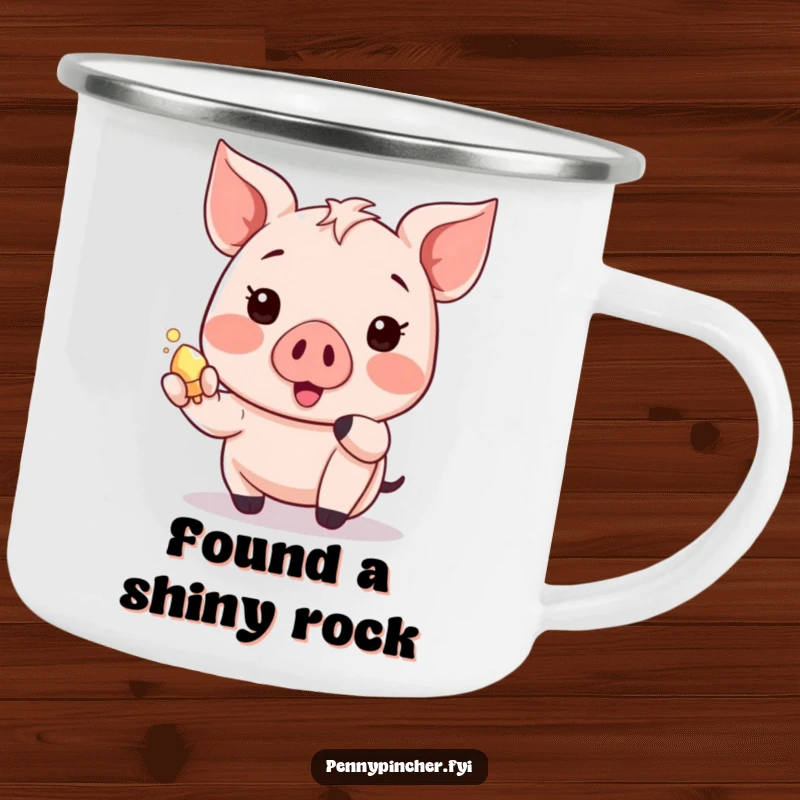 Funny piglet camping mug with a happy Kawaii character showing a shiny object, ready for adventures.