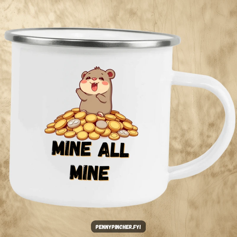 Funny camping mug illustration of a joyful mole popping from a pile of coins, ready for outdoor adventure and humor.