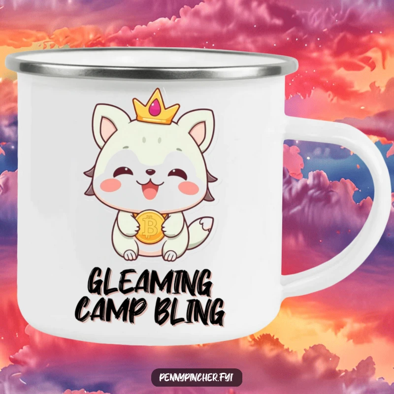 Funny beaming animal character wearing a coin as jewelry on a sturdy camping mug, ideal for stylish outdoor enjoyment.