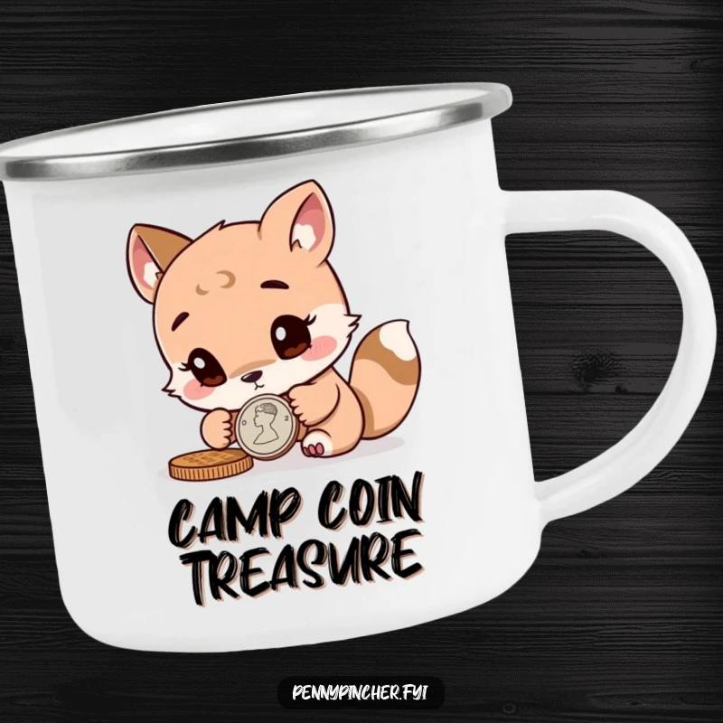 Funny curious animal character inspecting a coin on a sturdy camping mug, ideal for curious outdoor enthusiasts.