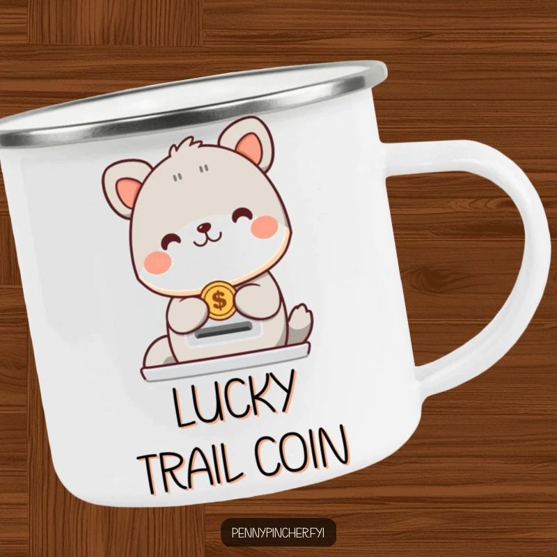 Funny animal character camping mug with a creature happily placing a coin into a slot, ideal for outdoor beverages humorously.