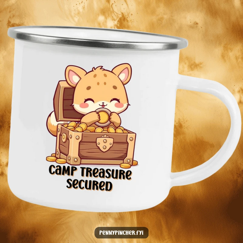 Funny animal character camping mug with a creature carefully locking a treasure chest full of coins, ideal for outdoor beverages humorously.