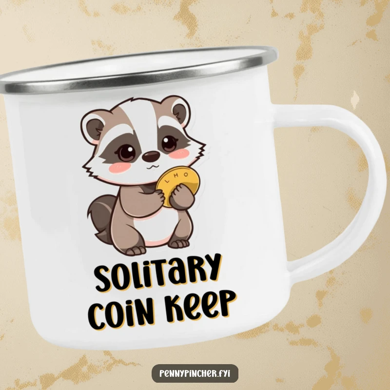 Funny Badger Camping Mug: Shows a cautious badger character hiding a coin behind its back, great for outdoor secrecy.