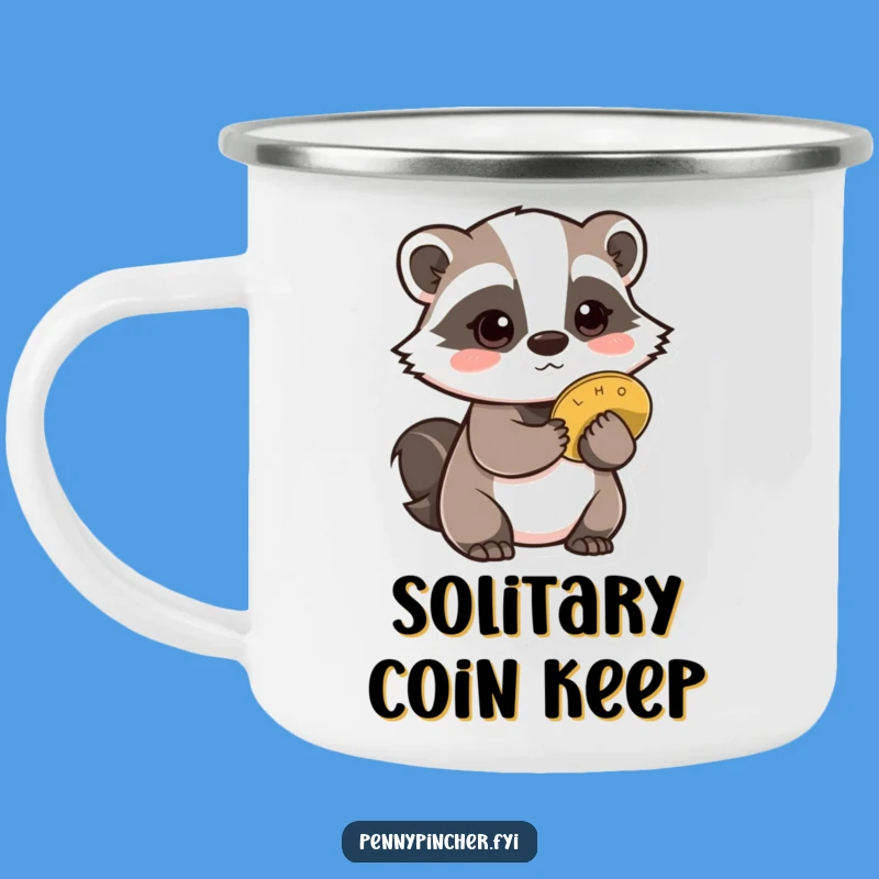 Funny Badger Camping Mug: Cautious badger w/ coin, perfect outdoor funny gift.