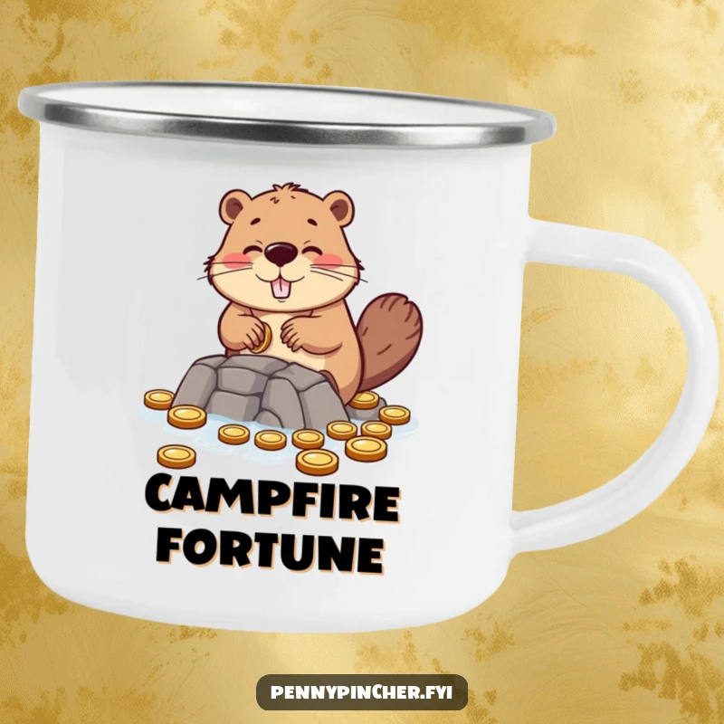 Funny camping mug showing a hopeful beaver character building a dam of coins, ready for any outdoor project.
