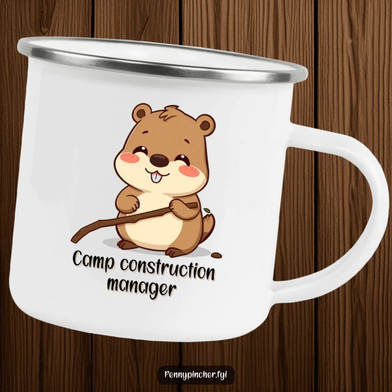 Funny camping mug showing a smiling beaver character carefully measuring a twig, ready for any outdoor construction project.