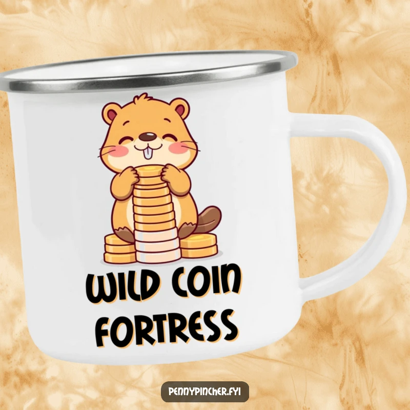 Funny beaver camping mug with a diligent beaver stacking shiny coins into a tower, perfect for outdoor adventures with a sense of humor.