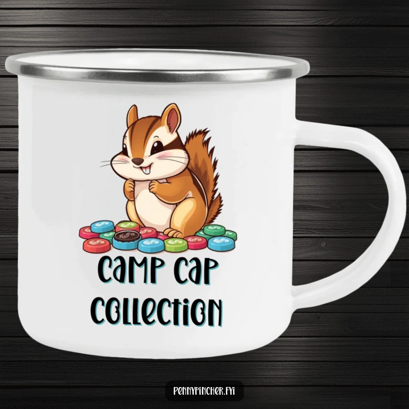 Funny chipmunk camping mug, proudly displaying a collection of arranged bottle caps, ready for outdoor adventures with a humorous twist.