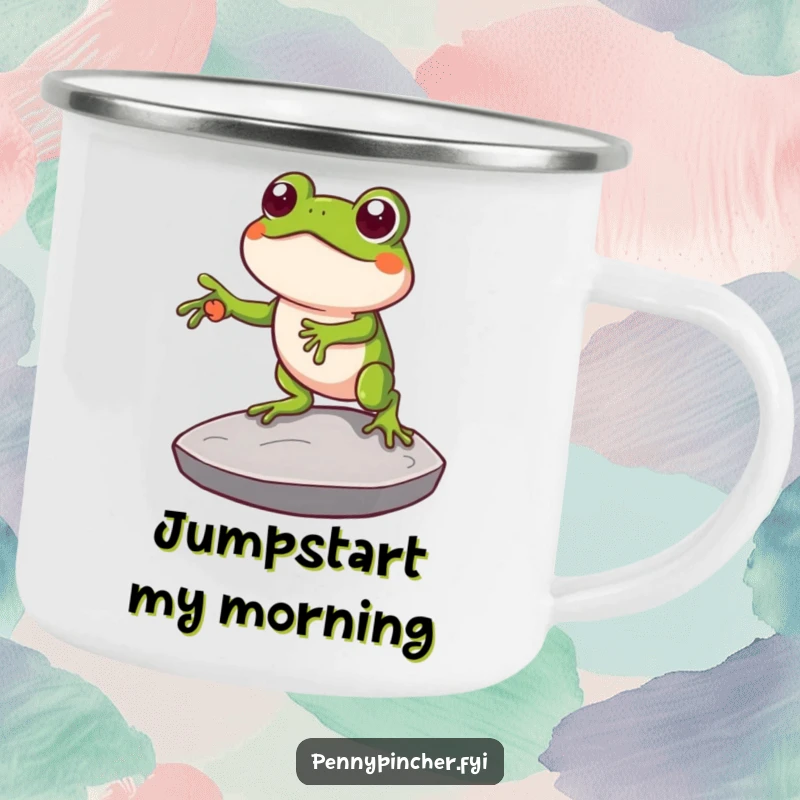 Funny camping mug featuring a clever frog character using a large coin as a stepping stone, perfect for outdoor drinks with a humorous, resourceful vibe.