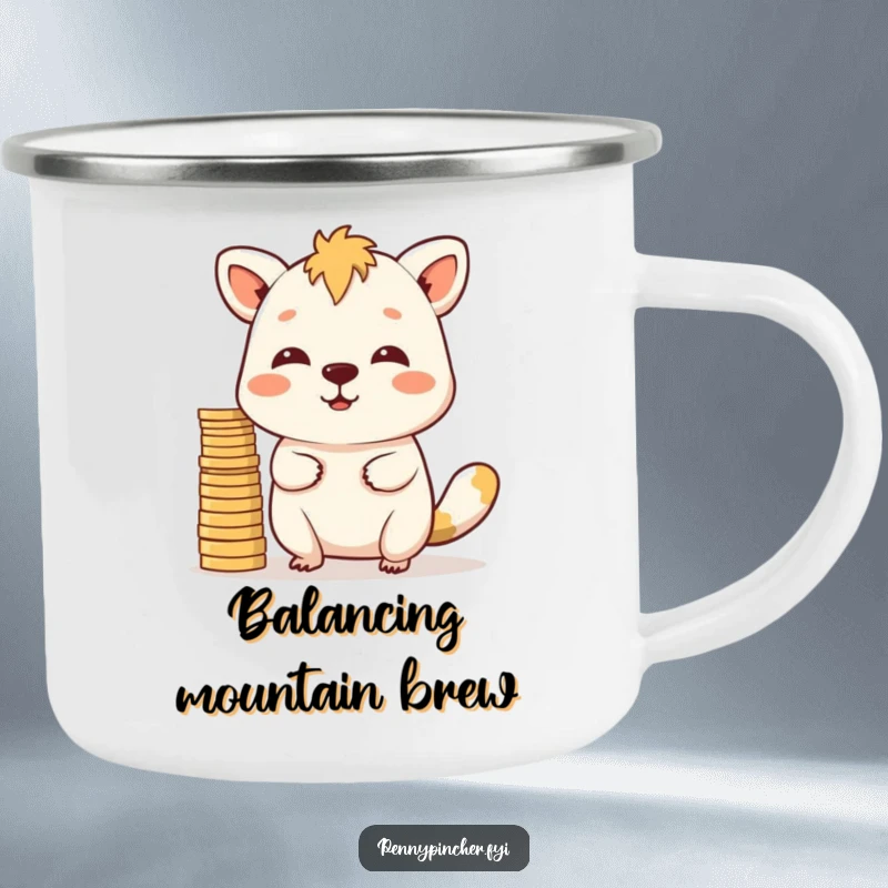 Funny Camping Mug: A determined animal character balances coins on its nose, ready for any outdoor challenge.