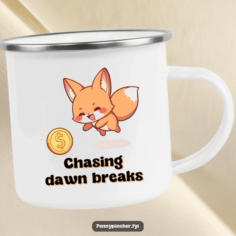 Funny camping mug with a playful fox character with a grin, chasing a rolling coin, perfect for your next adventure.